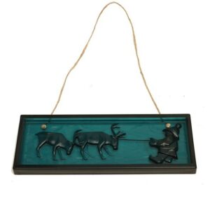 Elme, Schweden / Mona Frisk "Sami-Hirte mit Rentier" Glas-Sonnenfänger / Wandtafel / mid century