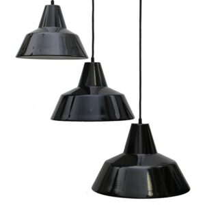 Black Louis Poulsen "Arbejdspendel" enamel coated steel workshop pendant lamps / mid century