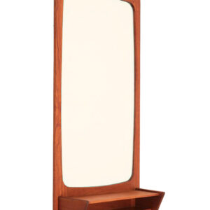 Danish modern teak framed wall mirror with shelf / mid century